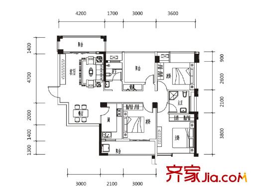 和思相思湖畔4號(hào)樓01戶型 4室2廳2衛(wèi)2廚