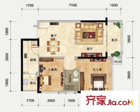 瀚林御景7#樓05戶型 2室2廳1衛(wèi)1廚
