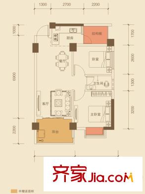 榮耀江南10號樓02戶型 2室2廳1衛(wèi)1廚