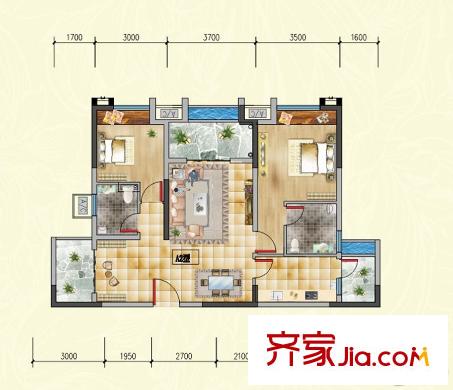 濱江御景A#-A2戶型 2室2廳2衛(wèi)1廚