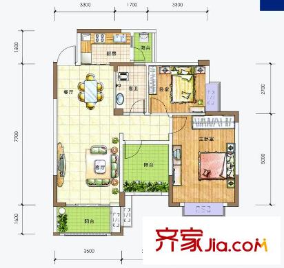 萊茵湖畔C3棟二單元06號房戶型 2室2廳1衛(wèi)1廚