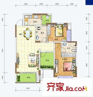 萊茵湖畔C3三單元06號房戶型 2室2廳2衛(wèi)1廚