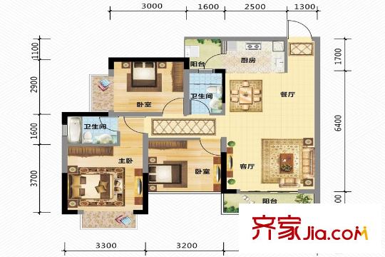 萬匯華府2號樓01/02戶型 3室2廳2衛(wèi)1廚
