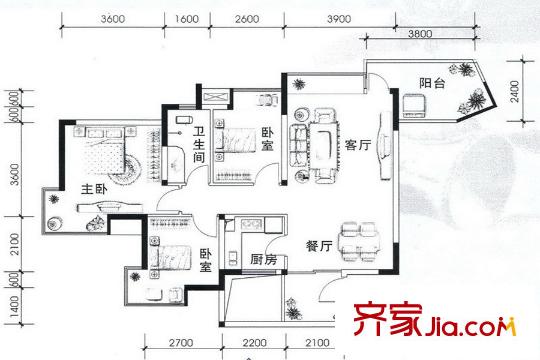 綠海云天1#、2#、3#戶型 3室2廳1衛(wèi)1廚