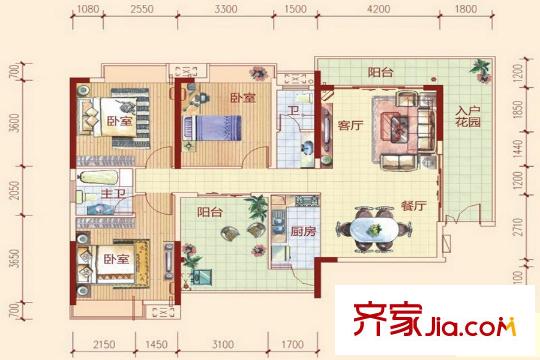 五洲國際D1戶型 3室2廳2衛(wèi)1廚