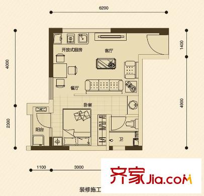 正恒國際廣場5#樓B-05戶型 1室2廳1衛(wèi)1廚