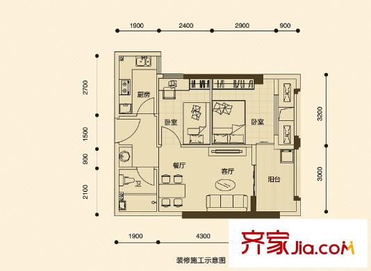 正恒國際廣場5#樓B-10戶型 1室2廳1衛(wèi)1廚