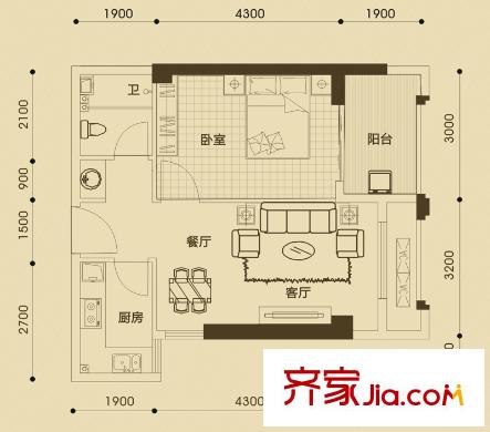 正恒國際廣場12#樓A-08戶型 1室2廳1衛(wèi)1廚