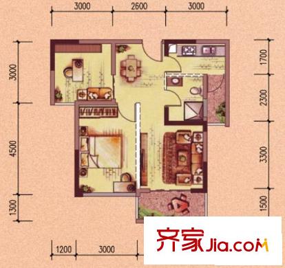 融晟公園大地MD02戶型 1室2廳1衛(wèi)1廚