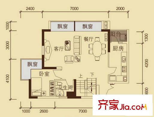 榮和中央公園戶型圖7#復(fù)式下層 1室2廳1衛(wèi)1廚