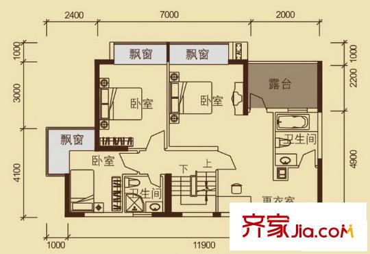 榮和中央公園戶型圖7#復(fù)式上層 3室1廳1衛(wèi)1廚