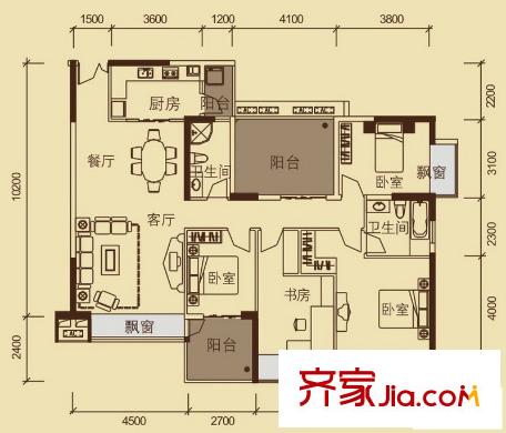 榮和中央公園戶型圖9#D戶型 4室2廳2衛(wèi)1廚