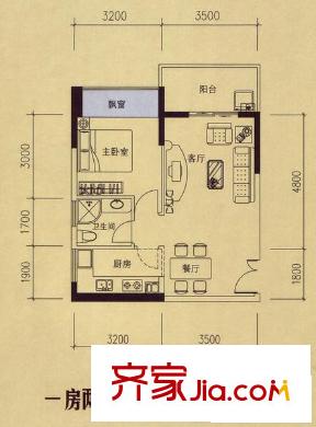 榮和中央公園戶型圖13#A戶型 1室2廳1衛(wèi)1廚