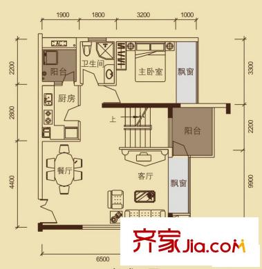 榮和中央公園戶型圖13#復(fù)式下層 1室2廳1衛(wèi)1廚