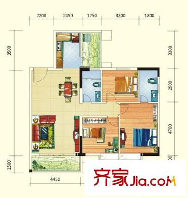 保利山水怡城戶型圖1號房 3室2廳2衛(wèi)1廚