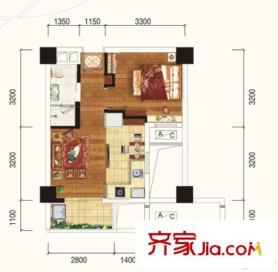 云星錢(qián)隆首府13號(hào)樓B1戶型 1室1廳1衛(wèi)1廚