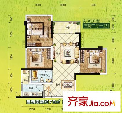 榮和千千樹一期2-6、8、9號樓A1戶型 3室2廳1衛(wèi)1廚