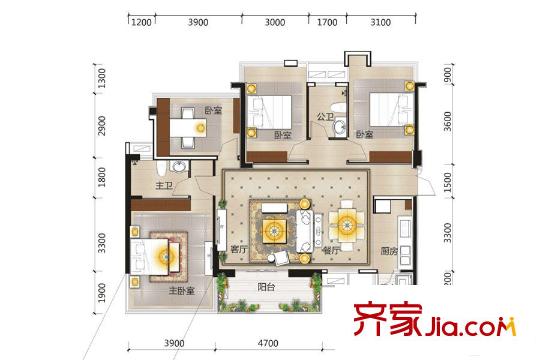 霖峰壹平方米9/10/11號(hào)樓01/02戶型 4室2廳2衛(wèi)1廚