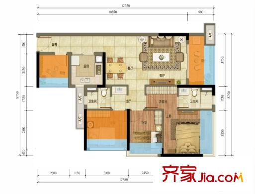 萬科魅力之城1-2、5-6、7、9、11號樓B戶型 4室2廳2衛(wèi)1廚