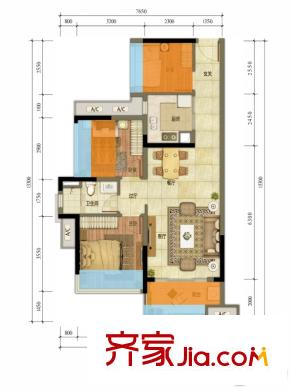 萬科魅力之城2-4號樓A戶型 3室2廳1衛(wèi)1廚
