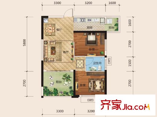 萬匯華府4號樓02/03戶型 2室2廳1衛(wèi)1廚