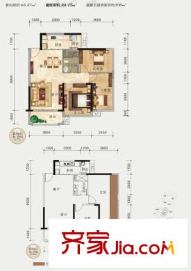 瀚林御景御景4棟2-01戶型 2室2廳1衛(wèi)1廚