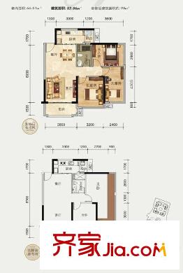瀚林御景御景3#2-01戶型 2室2廳1衛(wèi)1廚