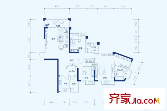 玫瑰園幸福灣A1-1-02戶型 3室2廳2衛(wèi)1廚