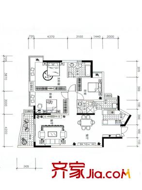 藍山上城7號樓5-10層02戶型3室2廳2衛(wèi)109.24平方米 3室2廳2衛(wèi)1廚