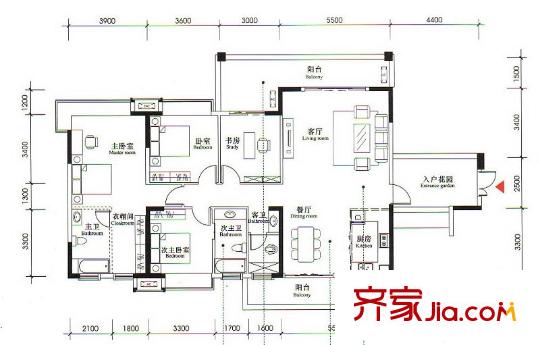 裕豐英倫戶型圖二期1#樓H戶型 4室2廳3衛(wèi)1廚