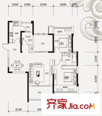 中鐵山語(yǔ)城戶型圖27#、28#、31#樓F3戶型  2室2廳2衛(wèi)1廚
