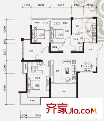 中鐵山語(yǔ)城戶型圖27#、29#樓F5戶型 3室2廳2衛(wèi)1廚