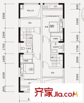 中鐵山語(yǔ)城戶型圖二期高層F6戶型上層 1室1廳2衛(wèi)1廚