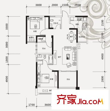 中鐵山語(yǔ)城戶型圖二期高層27#、28#樓F2戶型 2室2廳2衛(wèi)1廚