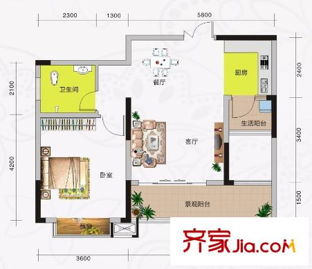 中房翡翠園鳳瑛軒A戶型 1室2廳1衛(wèi)1廚