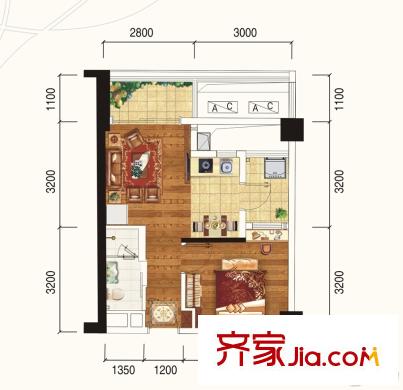 云星錢(qián)隆首府13號(hào)樓B2戶型 1室1廳1衛(wèi)1廚