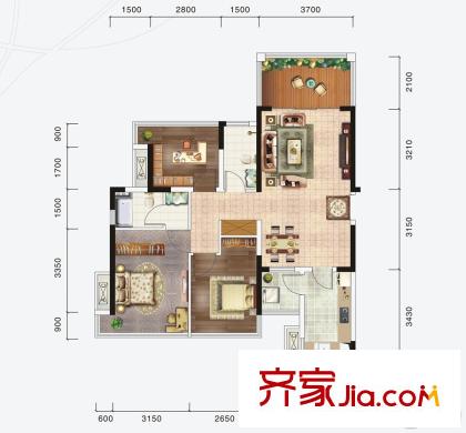 云星錢隆首府5號樓1單元01戶型 3室2廳2衛(wèi)1廚