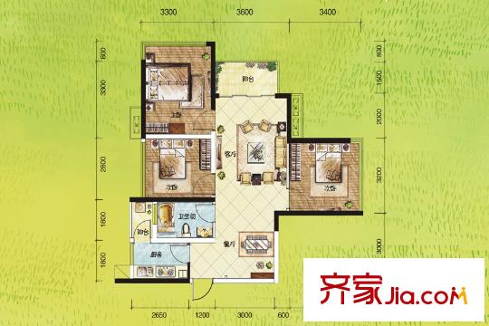 榮和千千樹一期6號樓01戶型 3室2廳1衛(wèi)1廚