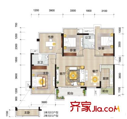 霖峰壹平方米3#樓1單元2單元01/02戶型 4室2廳2衛(wèi)1廚