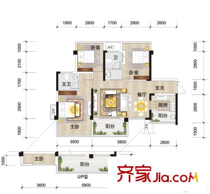 霖峰壹平方米5#樓1單元2單元01/02戶型 3室2廳2衛(wèi)1廚