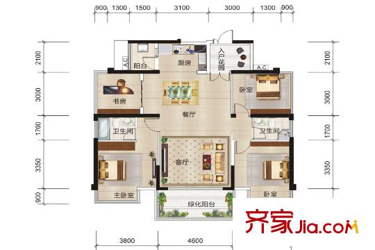 霖峰壹平方米1#樓03戶型 4室2廳2衛(wèi)1廚