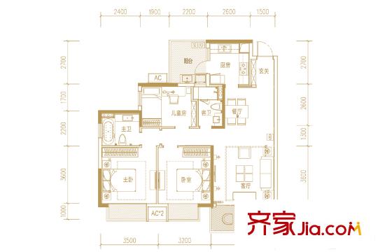 綠地中央廣場2#、3#、5#、6#樓A戶型 3室2廳2衛(wèi)1廚