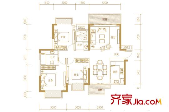 綠地中央廣場5#、6#樓B2戶型 3室2廳2衛(wèi)1廚