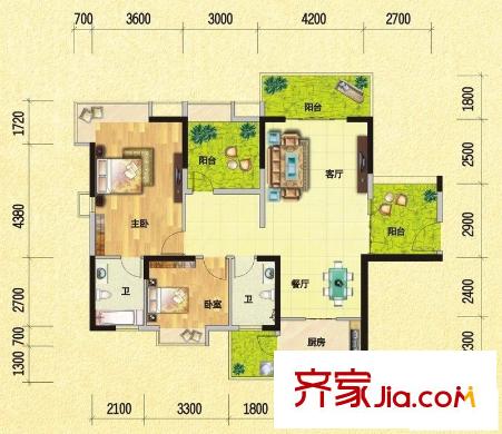夢(mèng)之島花園30號(hào)樓標(biāo)準(zhǔn)層C2戶型 2室2廳2衛(wèi)1廚