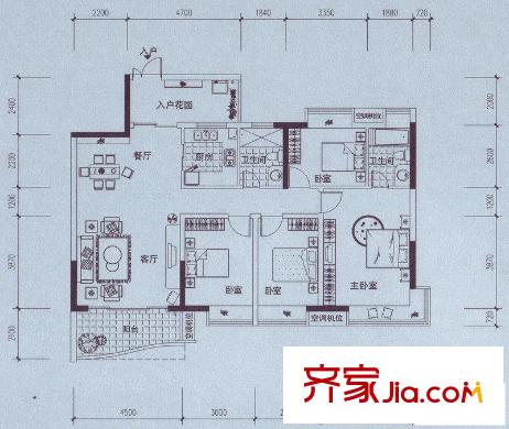 藍山上城8、9號樓5-18層03戶型4室2廳2衛(wèi)134.96平方米 4室2廳2衛(wèi)1廚