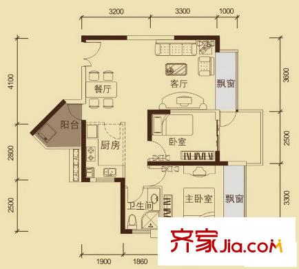 榮和中央公園戶型圖13#E戶型 2室2廳2衛(wèi)1廚