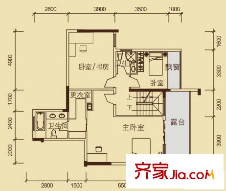 榮和中央公園戶型圖13#復(fù)式上層 3室2廳1衛(wèi)1廚