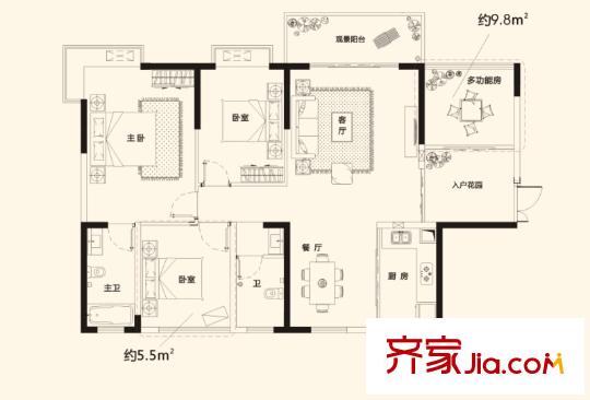 民發(fā)大觀天下F4-1戶型圖4房2廳2衛(wèi)130平方米 4室2廳2衛(wèi)1廚