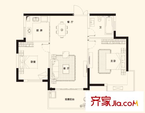民發(fā)大觀天下F5-3戶型圖2房2廳2衛(wèi)87.66平方米 2室2廳1衛(wèi)1廚