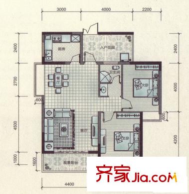 民發(fā)大觀天下A3戶型2房2廳1衛(wèi)98.16平方米 2室2廳1衛(wèi)1廚